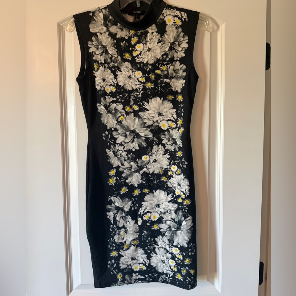 Forever 21 Black Floral Mock Neck Mini Dress with Yellow Accents